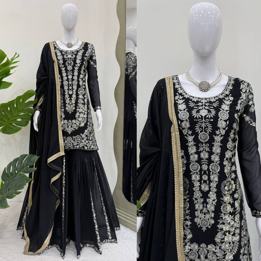 Traditional Flair Sharara Suit Set – Red, Mustard & Black