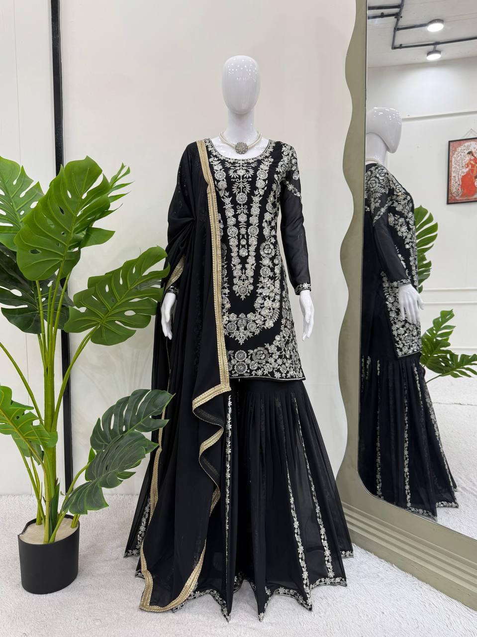 Traditional Flair Sharara Suit Set – Red, Mustard & Black