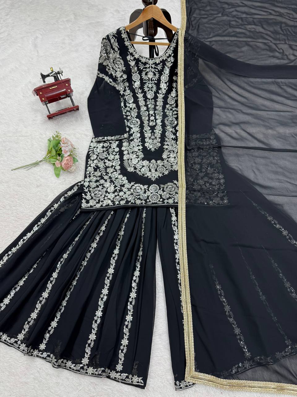 Traditional Flair Sharara Suit Set – Red, Mustard & Black