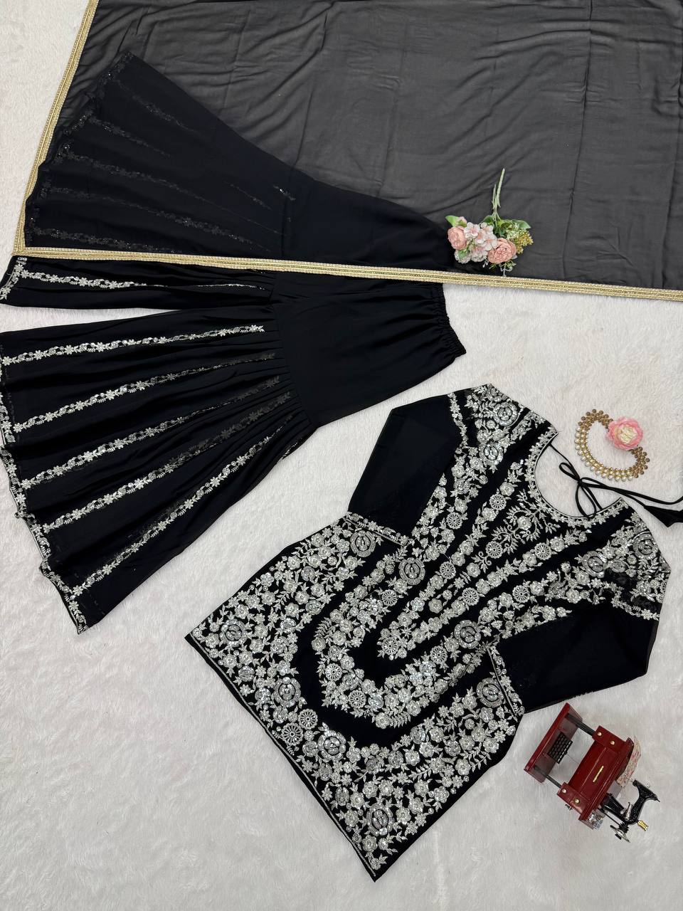 Traditional Flair Sharara Suit Set – Red, Mustard & Black