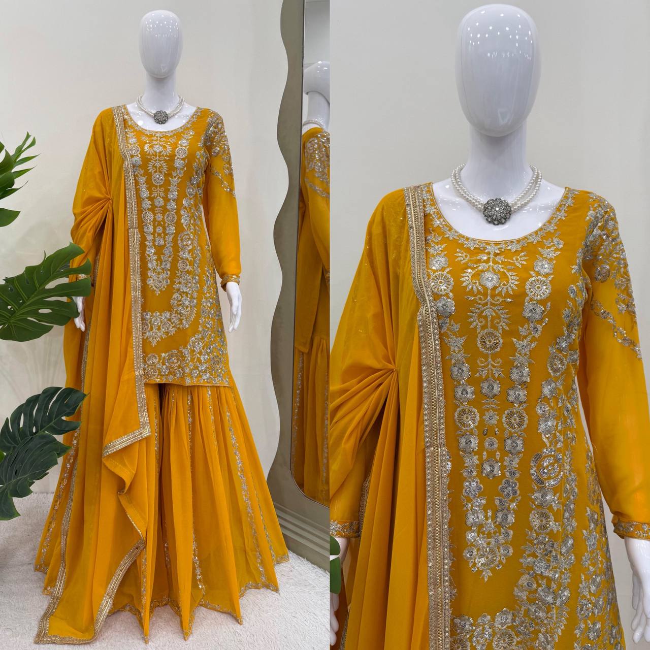 Traditional Flair Sharara Suit Set – Red, Mustard & Black
