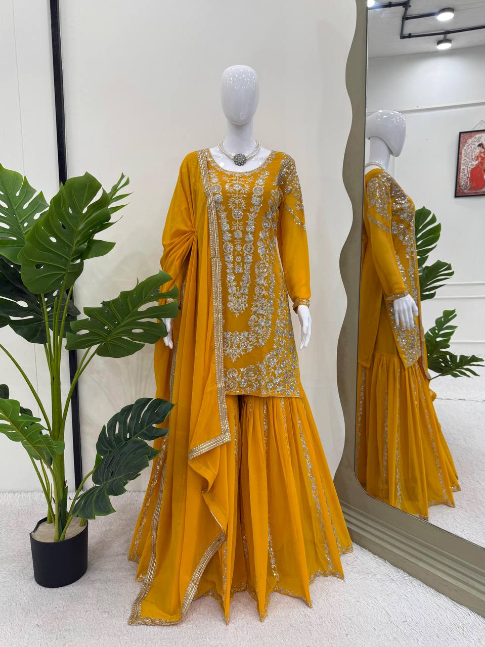 Traditional Flair Sharara Suit Set – Red, Mustard & Black