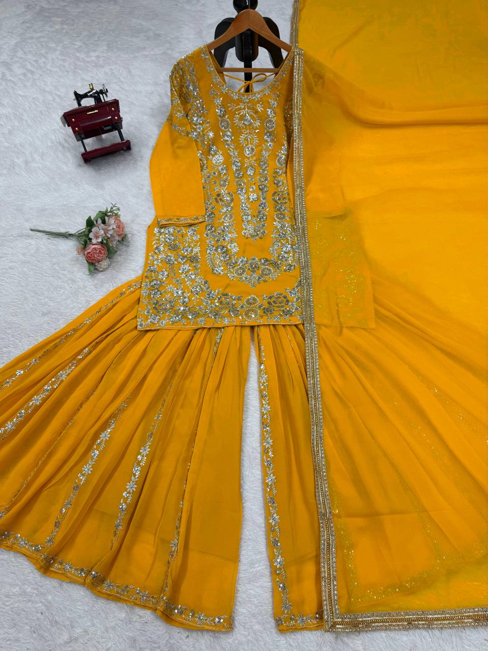 Traditional Flair Sharara Suit Set – Red, Mustard & Black