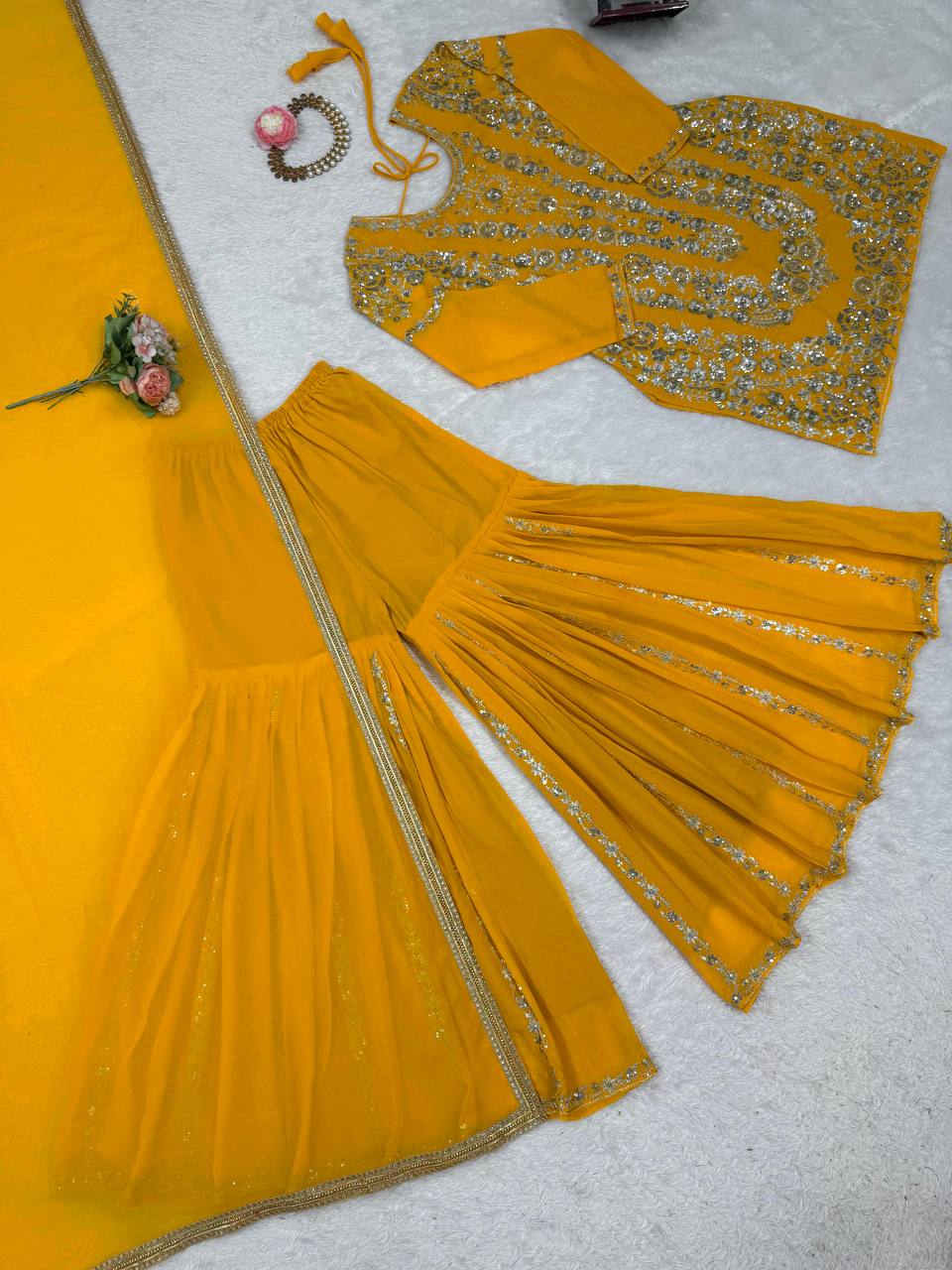 Traditional Flair Sharara Suit Set – Red, Mustard & Black