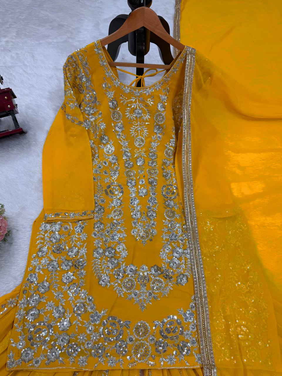 Traditional Flair Sharara Suit Set – Red, Mustard & Black