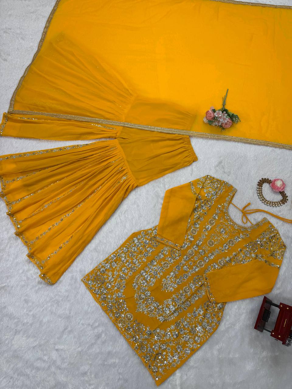 Traditional Flair Sharara Suit Set – Red, Mustard & Black