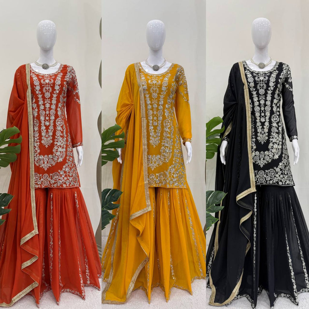 Traditional Flair Sharara Suit Set – Red, Mustard & Black