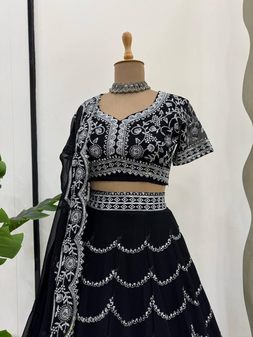"Elegant Black Embroidered Lehenga Choli Set with Dupatta | Krushi Life Style "