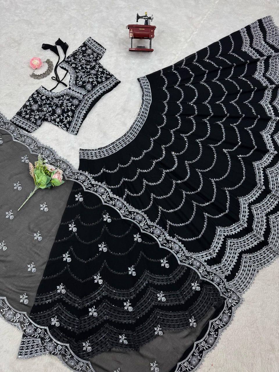"Elegant Black Embroidered Lehenga Choli Set with Dupatta | Krushi Life Style "