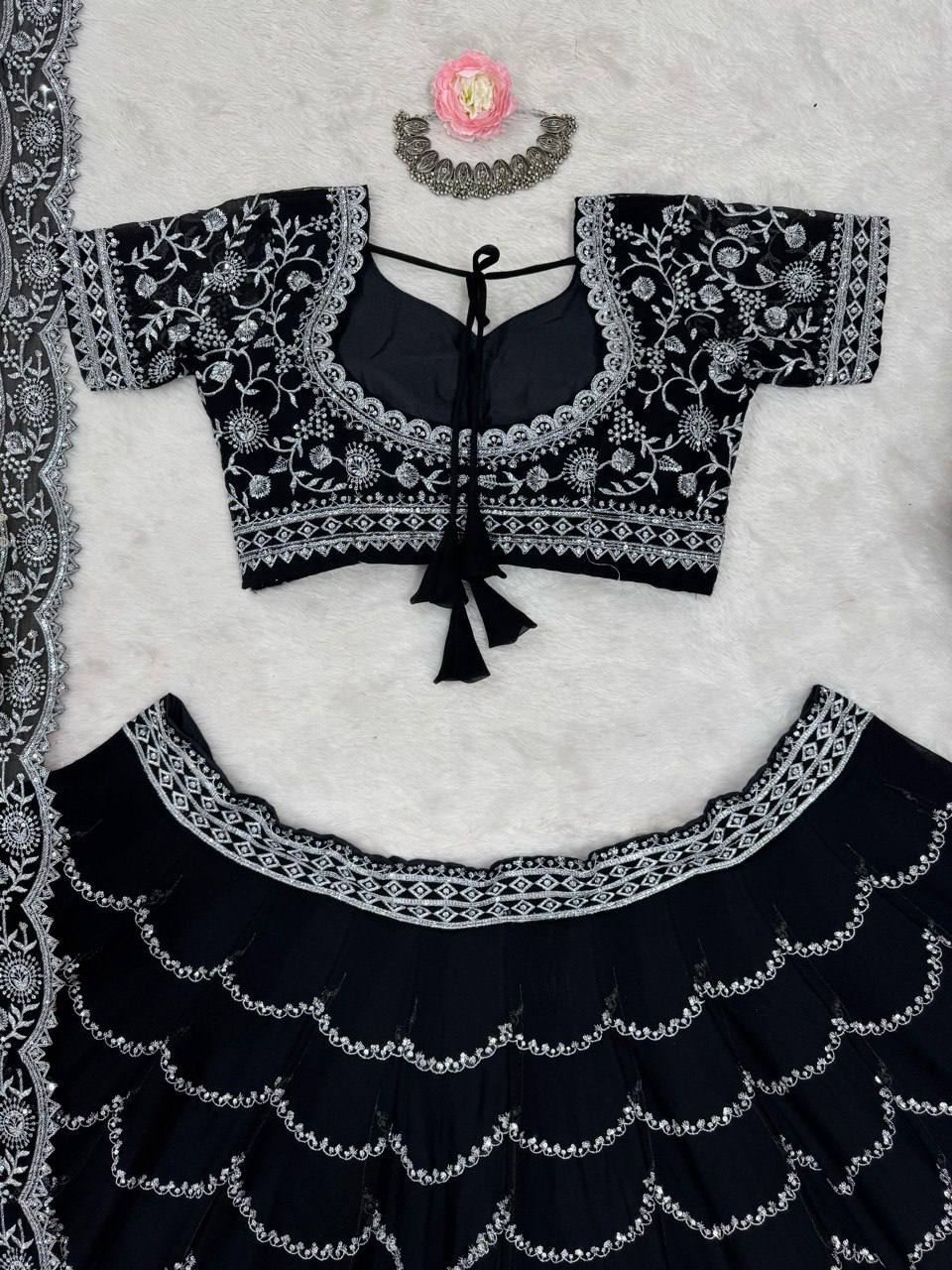 "Elegant Black Embroidered Lehenga Choli Set with Dupatta | Krushi Life Style "