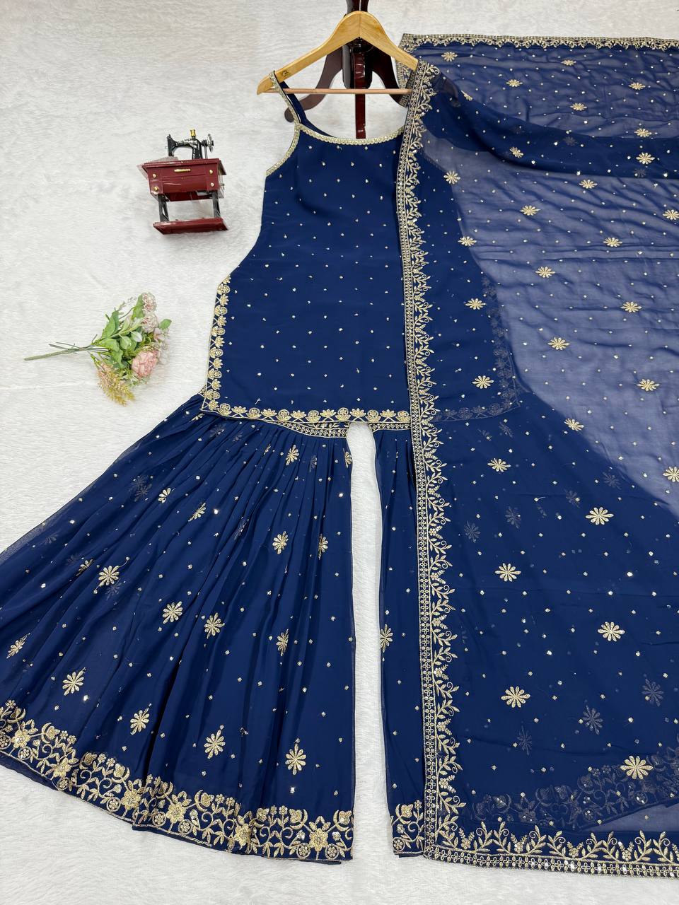 "Navy Blue Sharara Suit with Dupatta – Festive Ethnic Outfit"