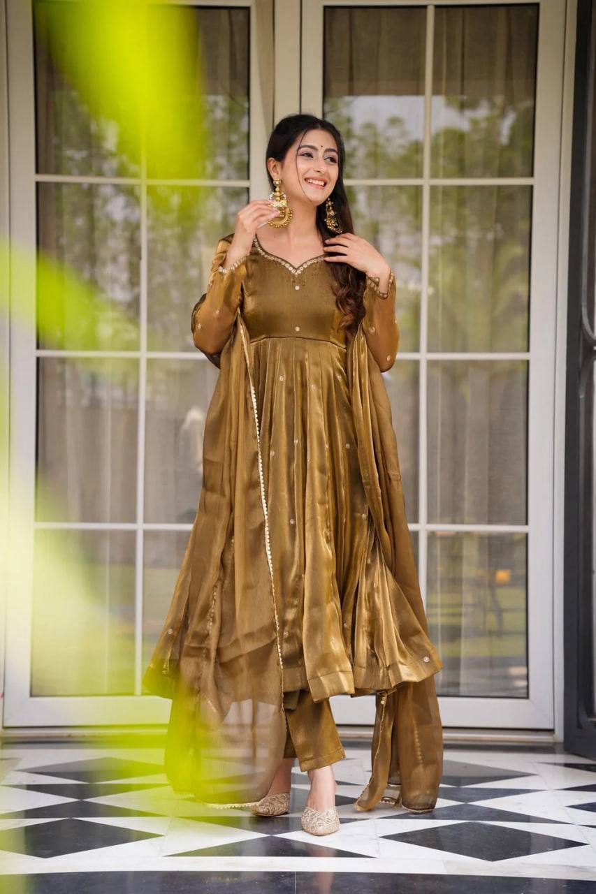 "Elegant Golden Silk Anarkali Set with Dupatta"