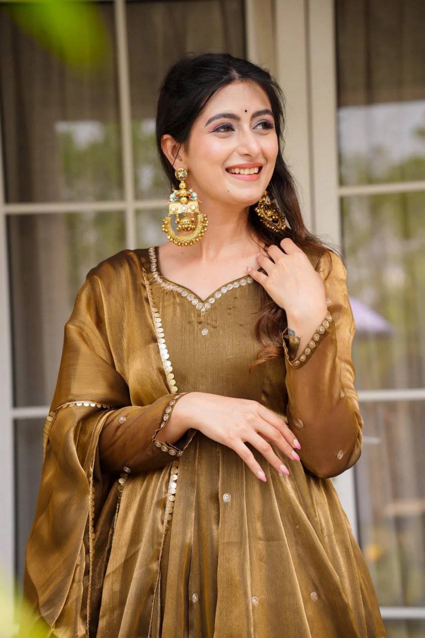 "Elegant Golden Silk Anarkali Set with Dupatta"