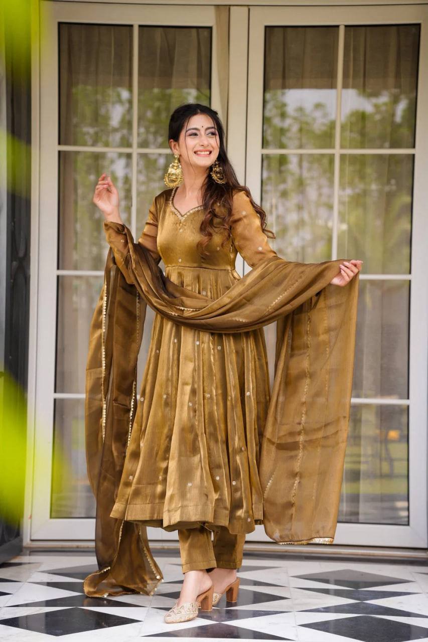 "Elegant Golden Silk Anarkali Set with Dupatta"