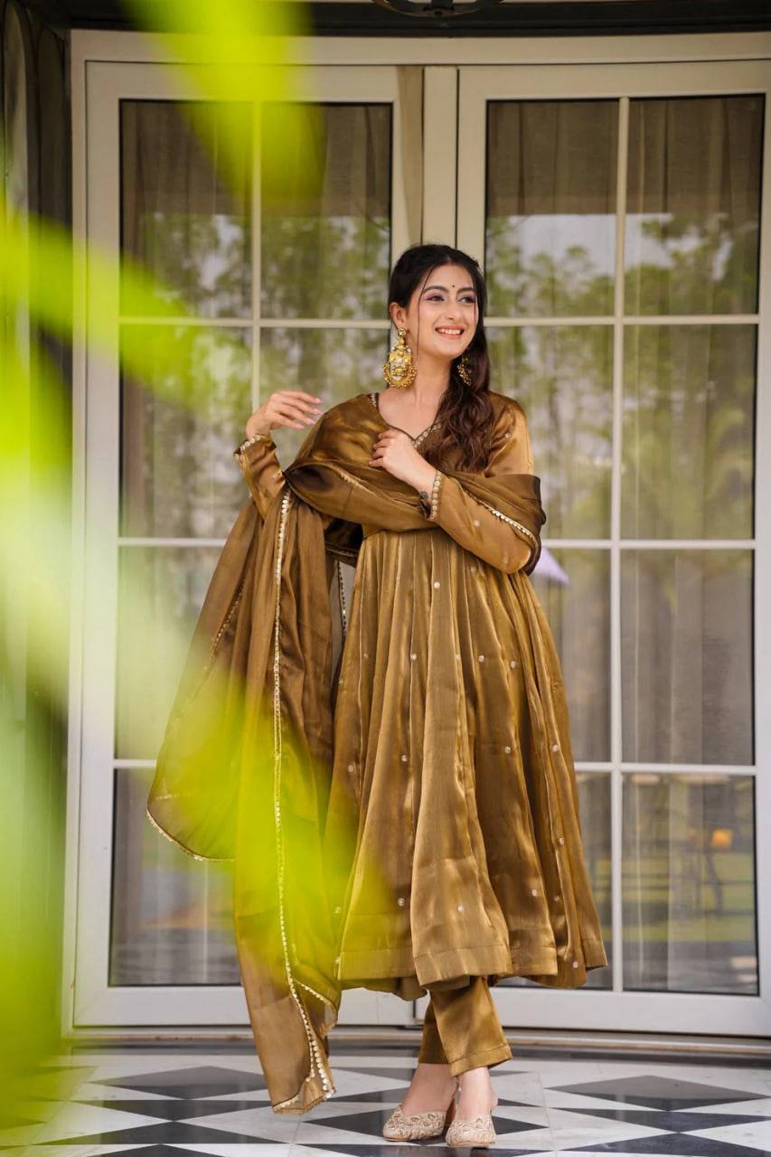 "Elegant Golden Silk Anarkali Set with Dupatta"
