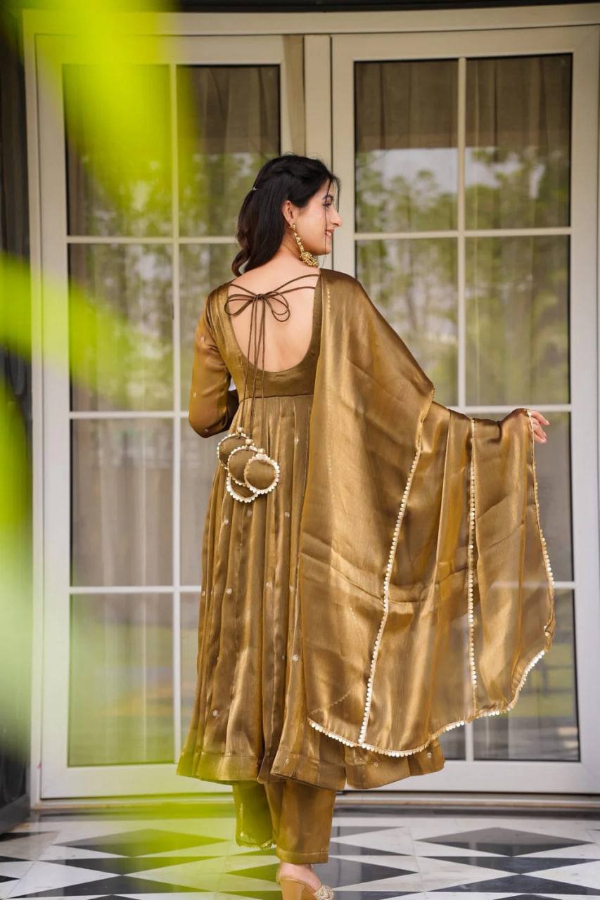 "Elegant Golden Silk Anarkali Set with Dupatta"