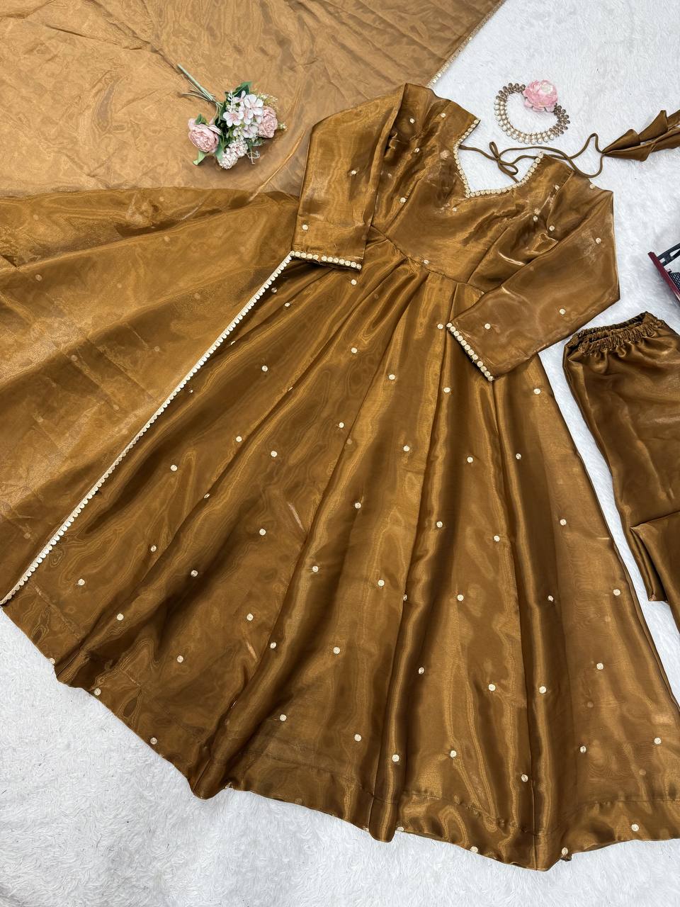 "Elegant Golden Silk Anarkali Set with Dupatta"