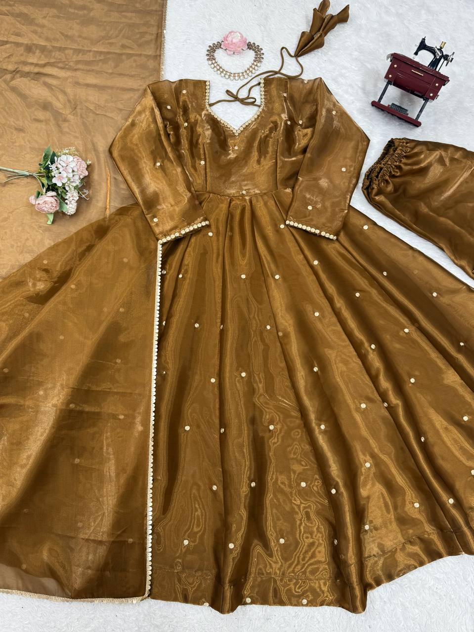 "Elegant Golden Silk Anarkali Set with Dupatta"