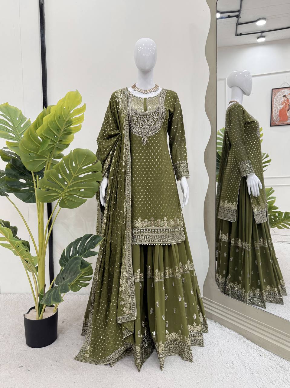 Green And Red Embroidered Sharara Suit with Dupatta Components: