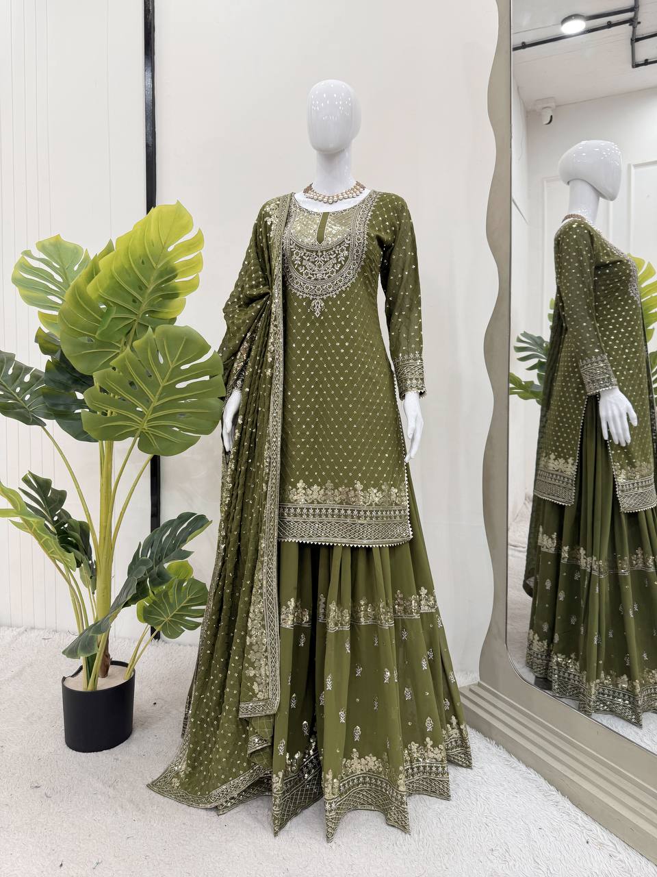 Green And Red Embroidered Sharara Suit with Dupatta Components: