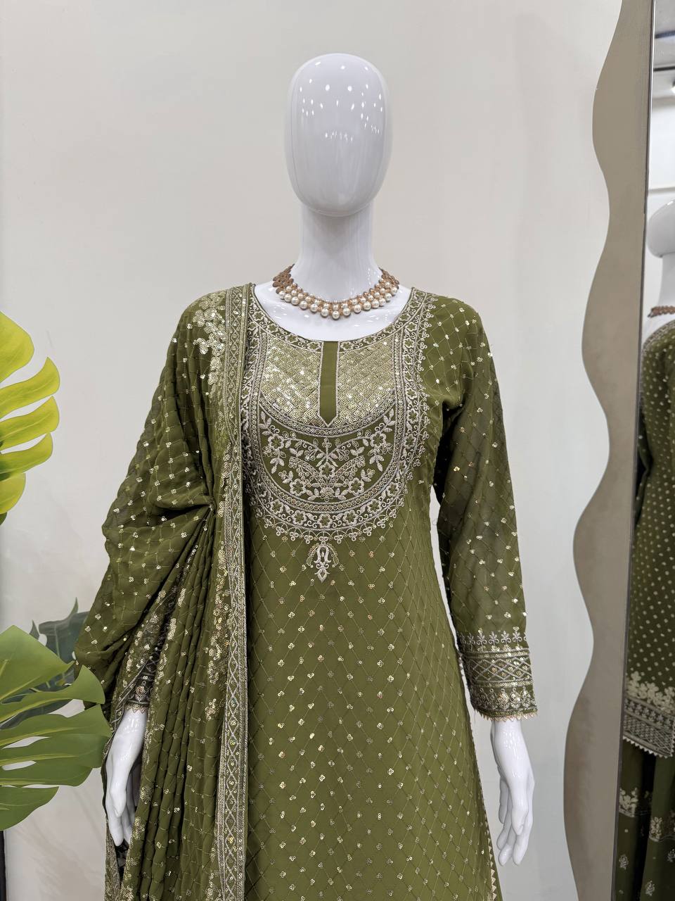 Green And Red Embroidered Sharara Suit with Dupatta Components: