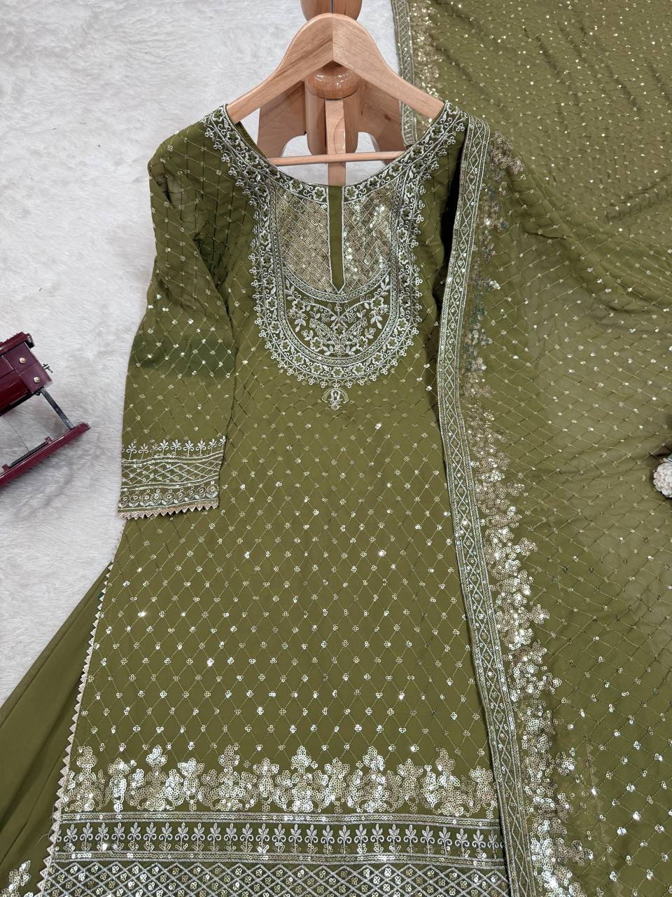 Green And Red Embroidered Sharara Suit with Dupatta Components: