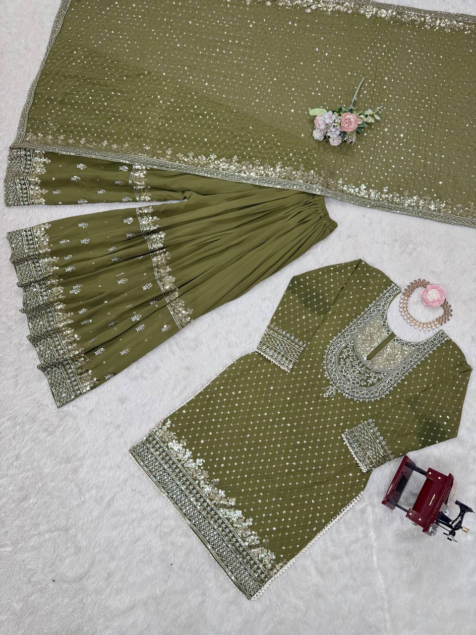 Green And Red Embroidered Sharara Suit with Dupatta Components: