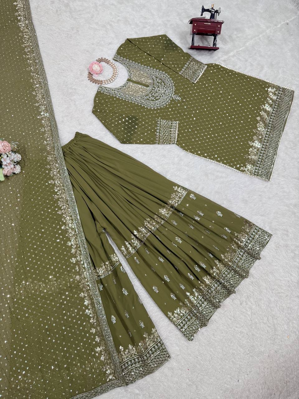 Green And Red Embroidered Sharara Suit with Dupatta Components: