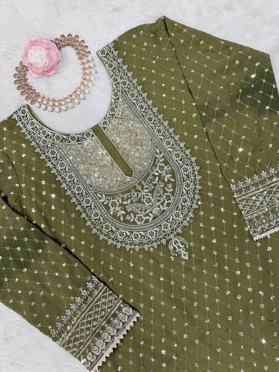 Green And Red Embroidered Sharara Suit with Dupatta Components: