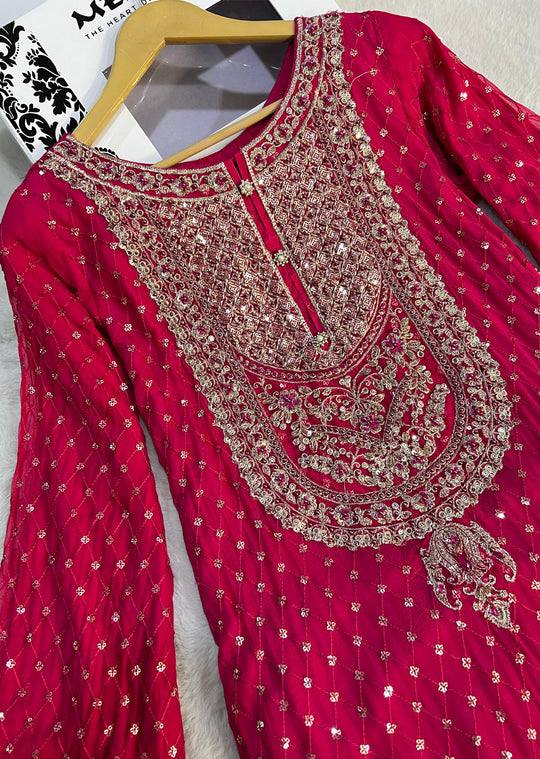 Green And Red Embroidered Sharara Suit with Dupatta Components:
