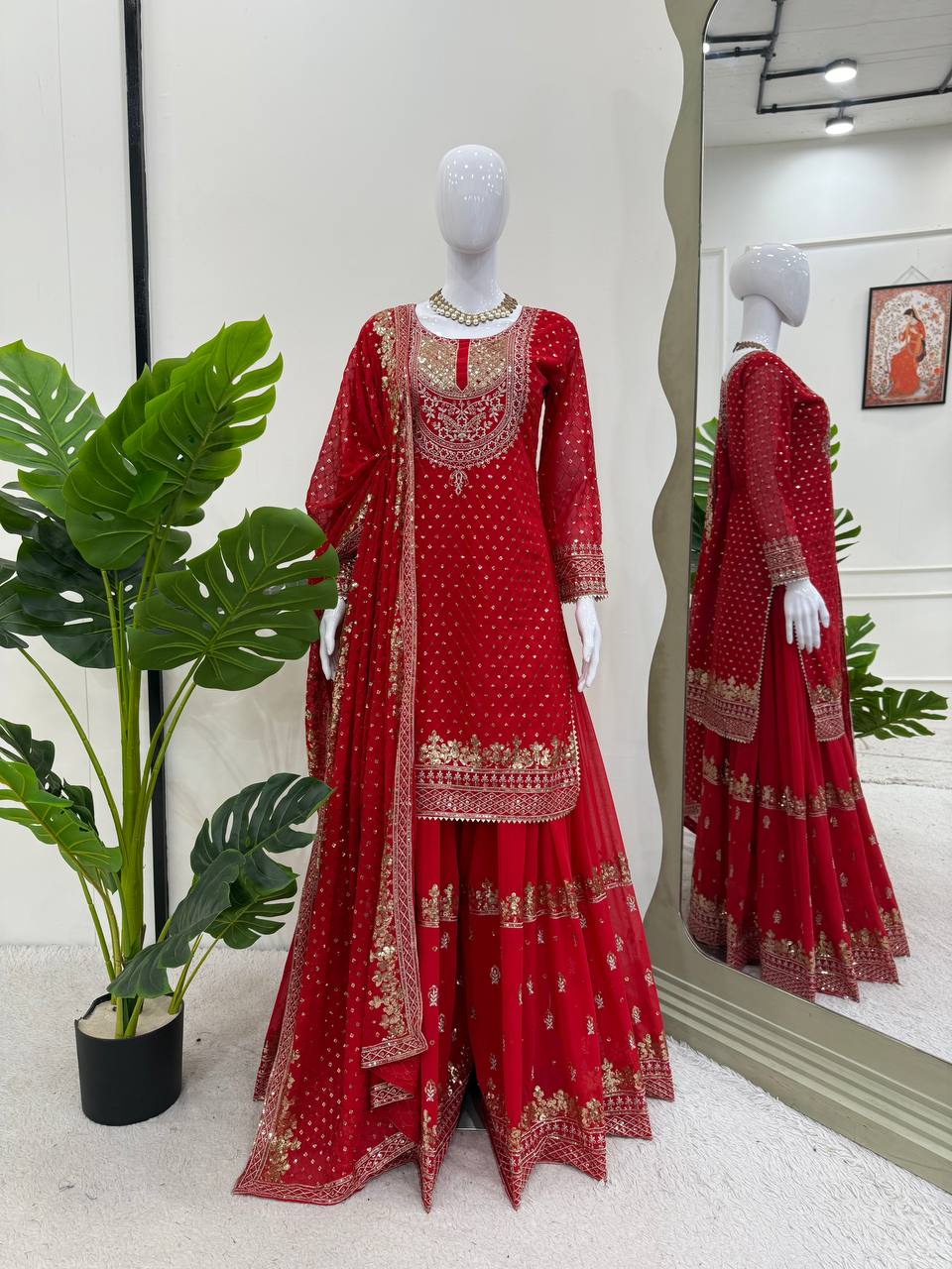Green And Red Embroidered Sharara Suit with Dupatta Components: