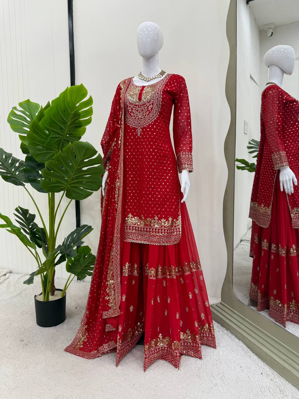 Green And Red Embroidered Sharara Suit with Dupatta Components: