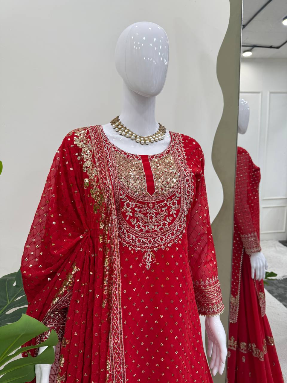 Green And Red Embroidered Sharara Suit with Dupatta Components:
