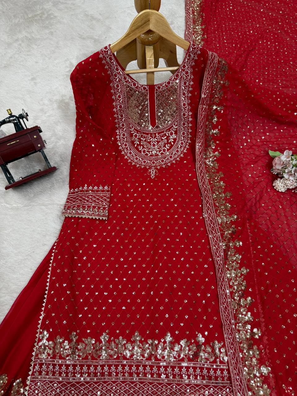 Green And Red Embroidered Sharara Suit with Dupatta Components: