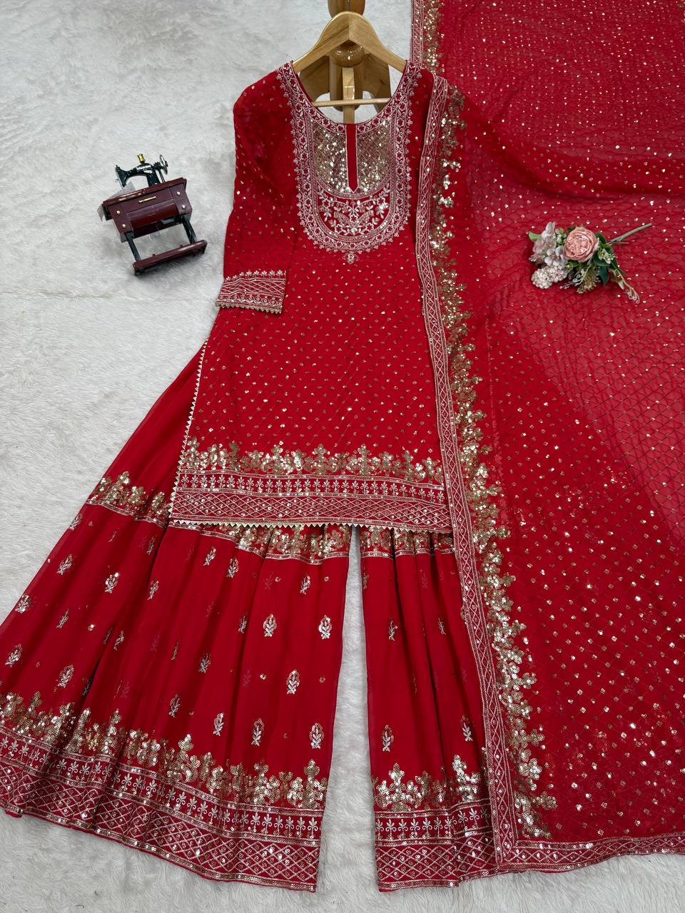 Green And Red Embroidered Sharara Suit with Dupatta Components: