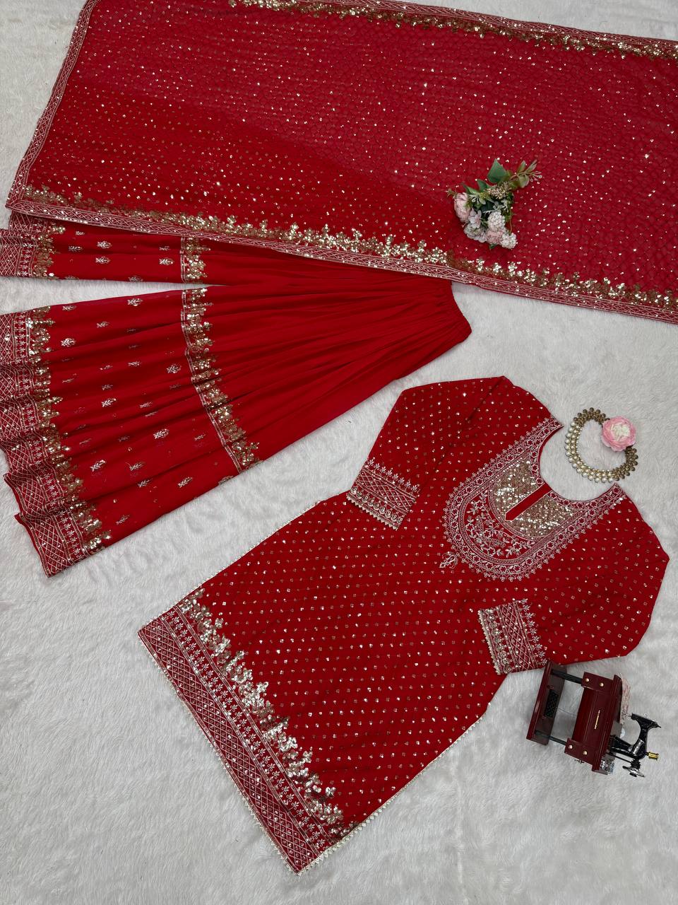 Green And Red Embroidered Sharara Suit with Dupatta Components: