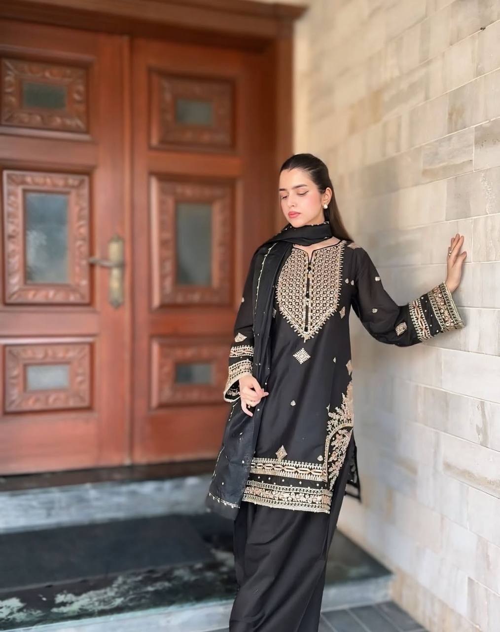"Classic Black Embroidered Top with Sharara & Dupatta Set | Krushi Life Style
