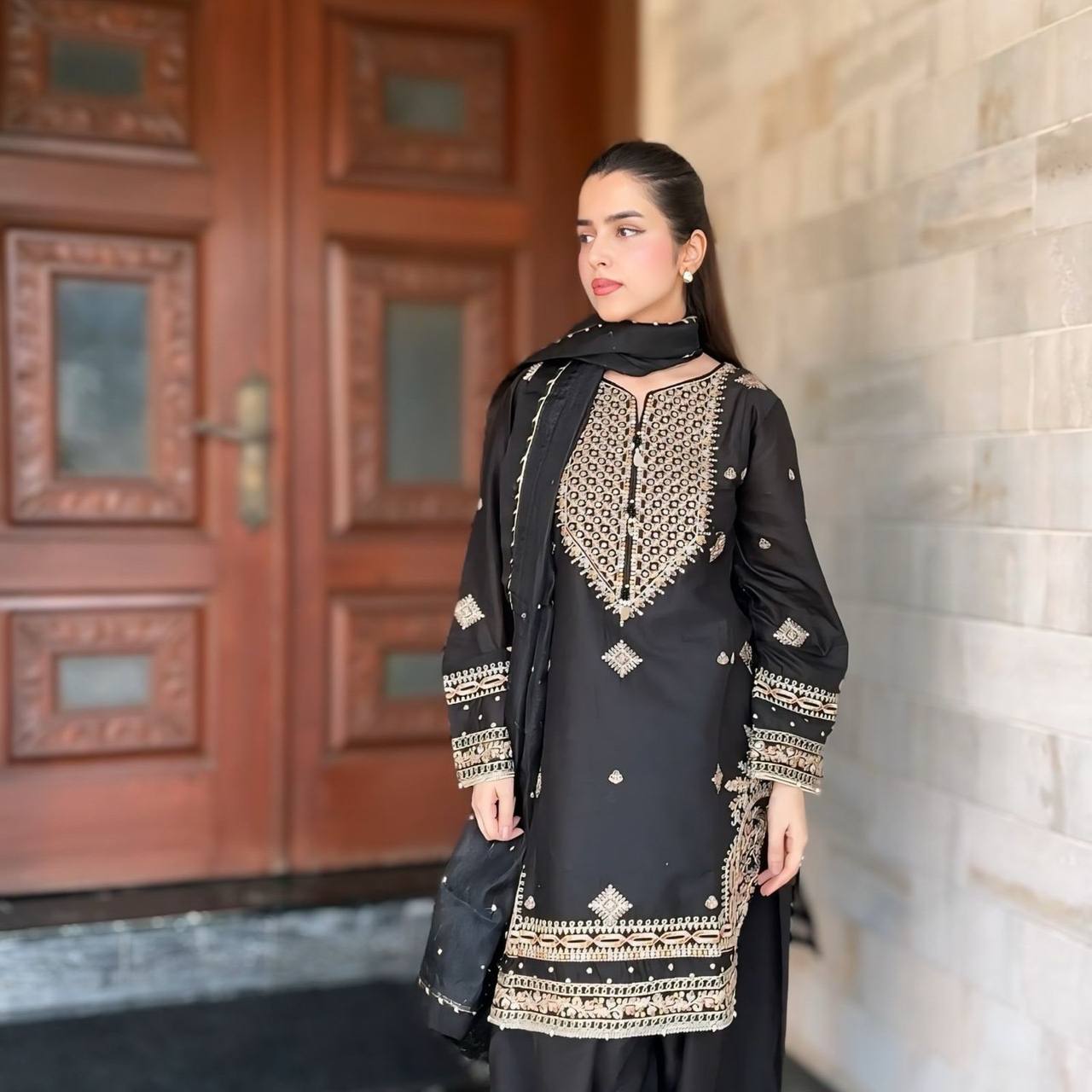 "Classic Black Embroidered Top with Sharara & Dupatta Set | Krushi Life Style