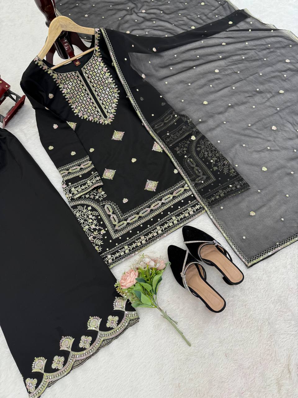"Classic Black Embroidered Top with Sharara & Dupatta Set | Krushi Life Style