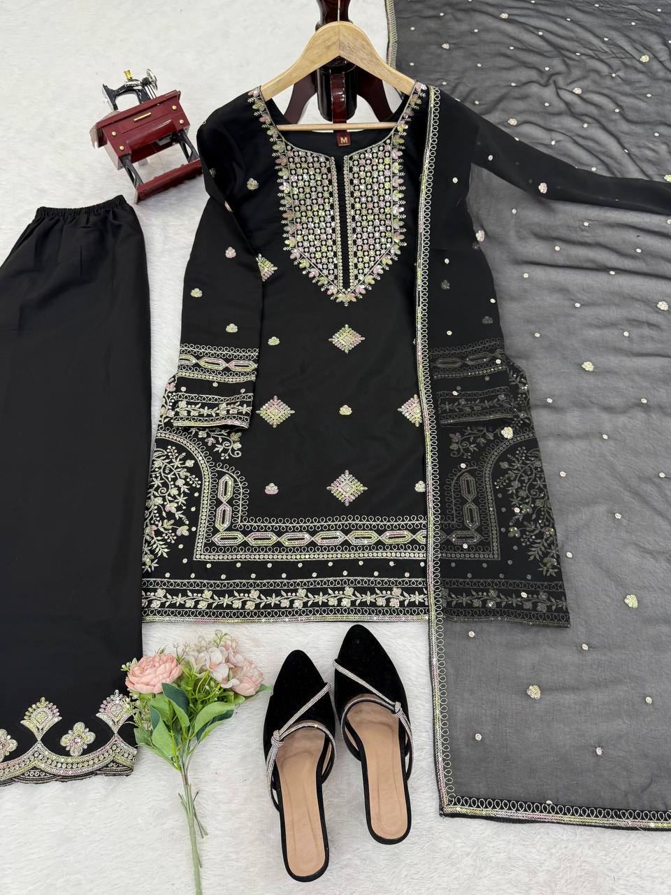 "Classic Black Embroidered Top with Sharara & Dupatta Set | Krushi Life Style