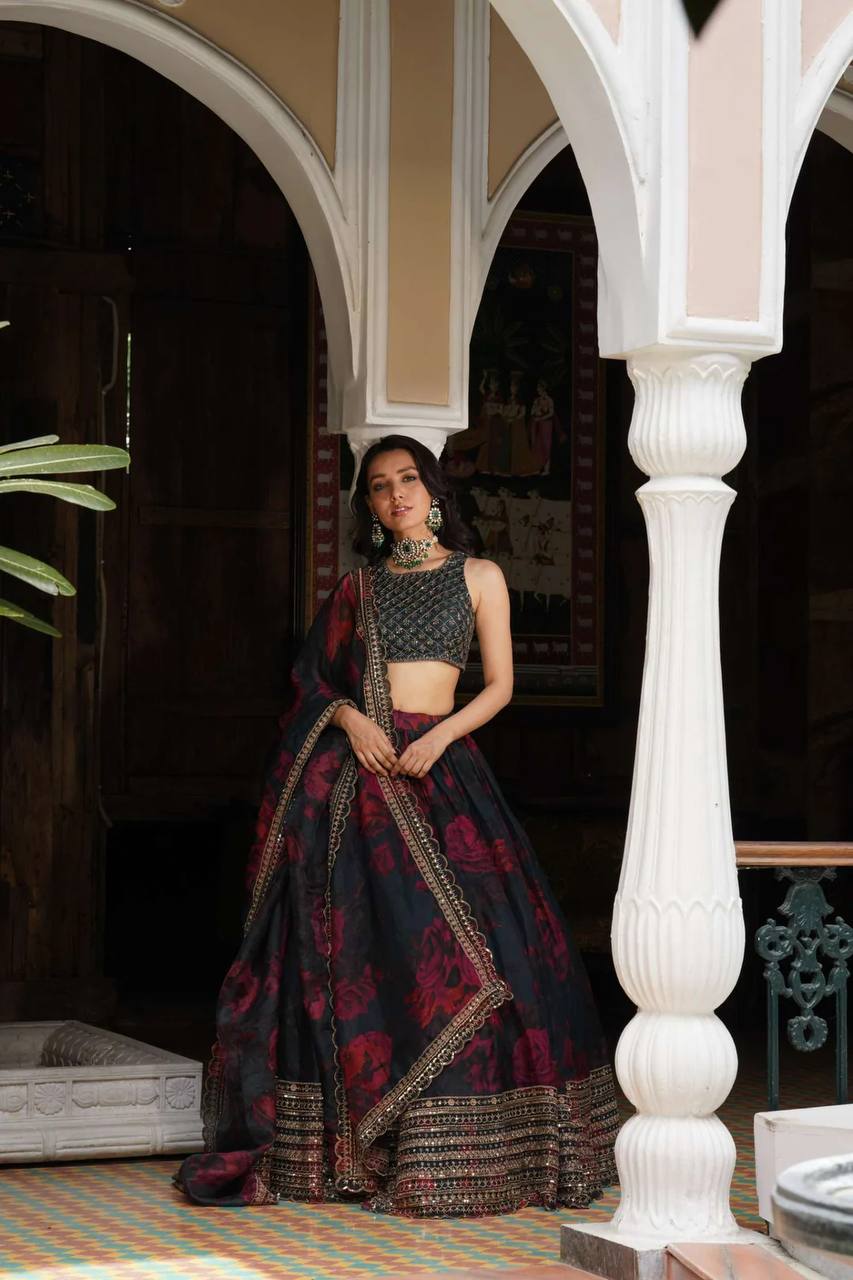 "Elegant Black Floral Lehenga with Golden Embroidery & Dupatta | Krushi Life Style