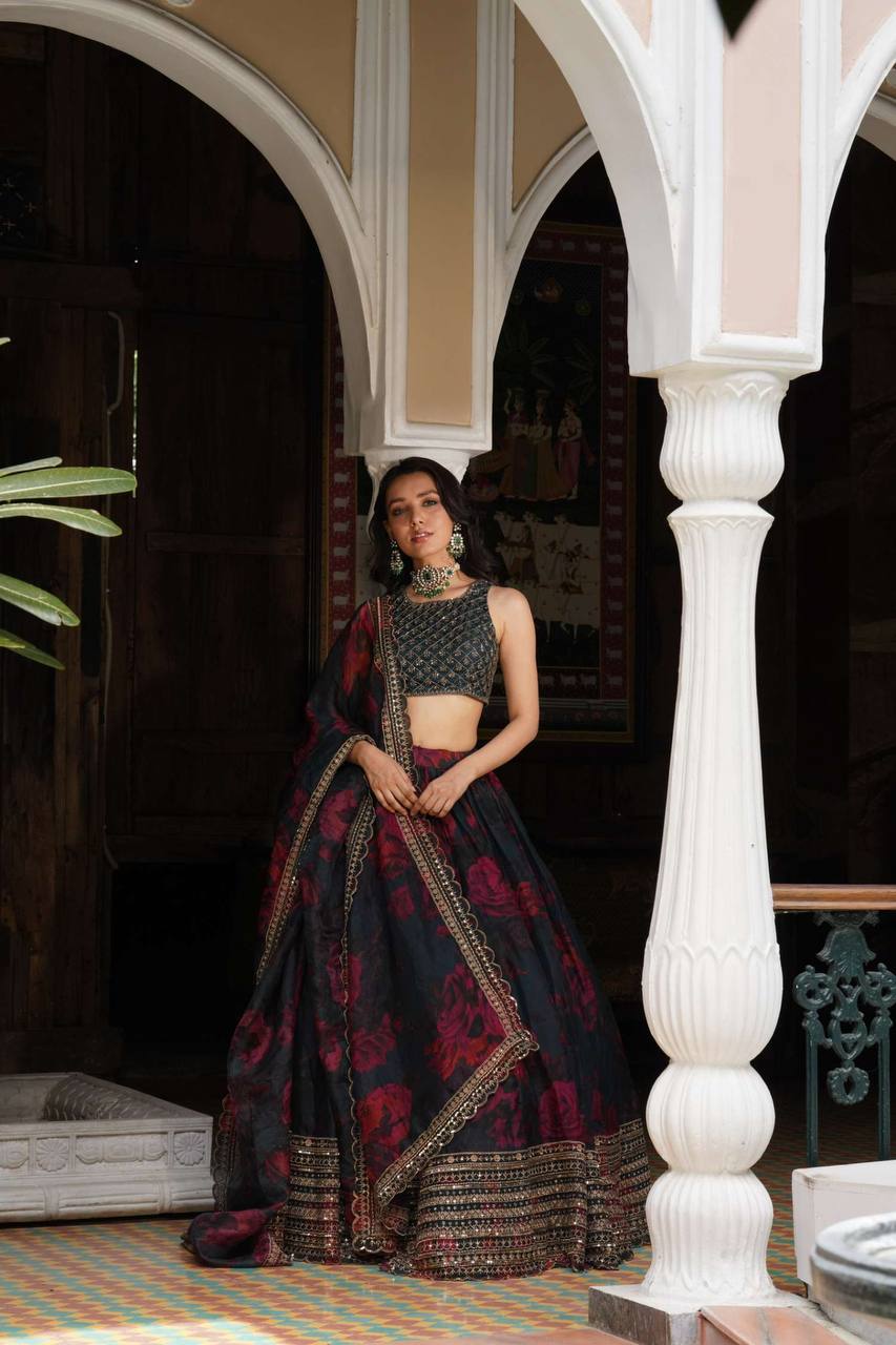 "Elegant Black Floral Lehenga with Golden Embroidery & Dupatta | Krushi Life Style