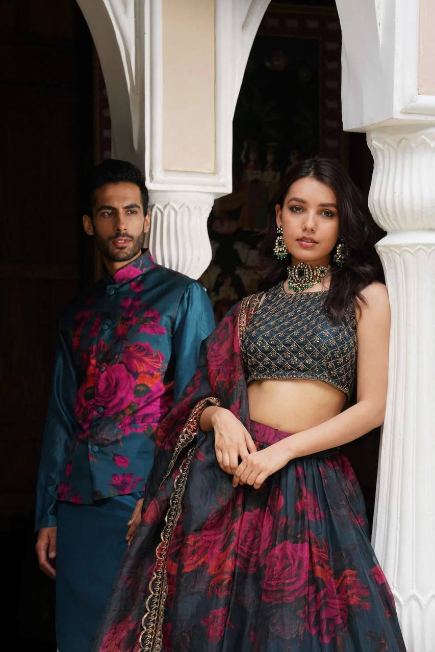 "Elegant Black Floral Lehenga with Golden Embroidery & Dupatta | Krushi Life Style