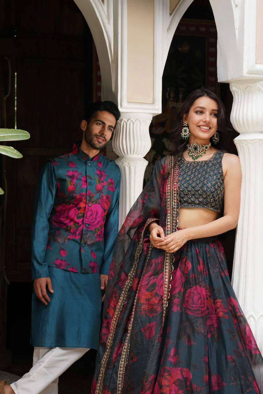 "Elegant Black Floral Lehenga with Golden Embroidery & Dupatta | Krushi Life Style