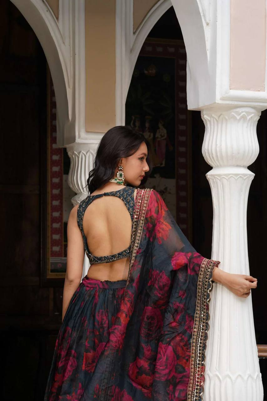 "Elegant Black Floral Lehenga with Golden Embroidery & Dupatta | Krushi Life Style