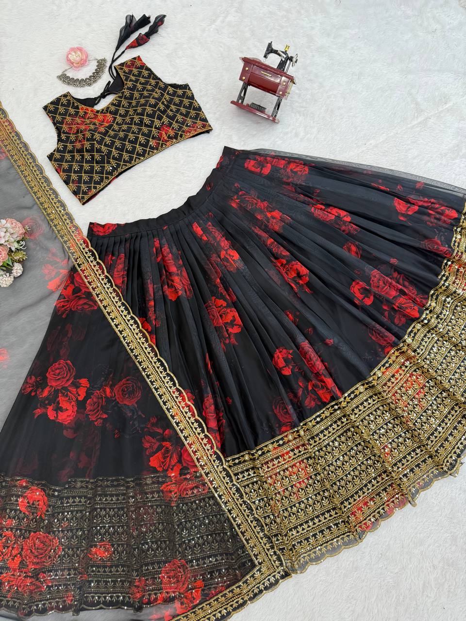 "Elegant Black Floral Lehenga with Golden Embroidery & Dupatta | Krushi Life Style