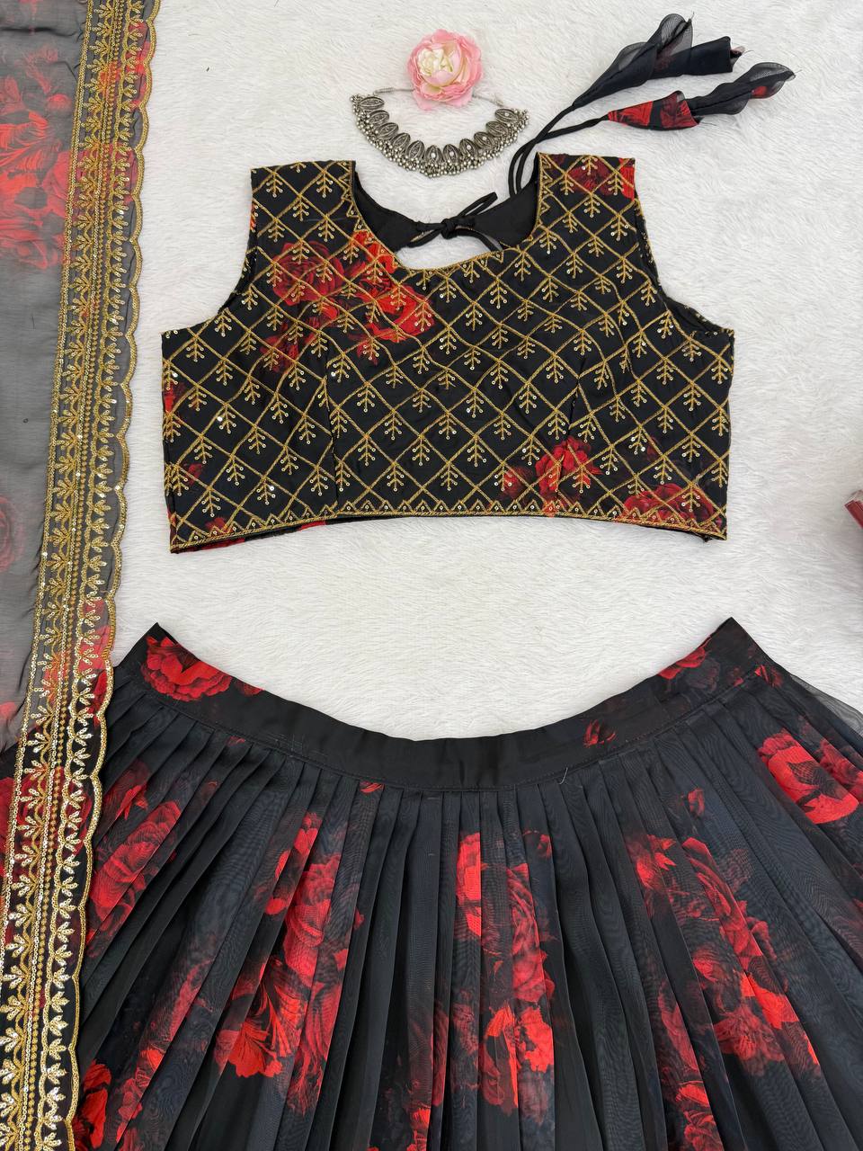 "Elegant Black Floral Lehenga with Golden Embroidery & Dupatta | Krushi Life Style