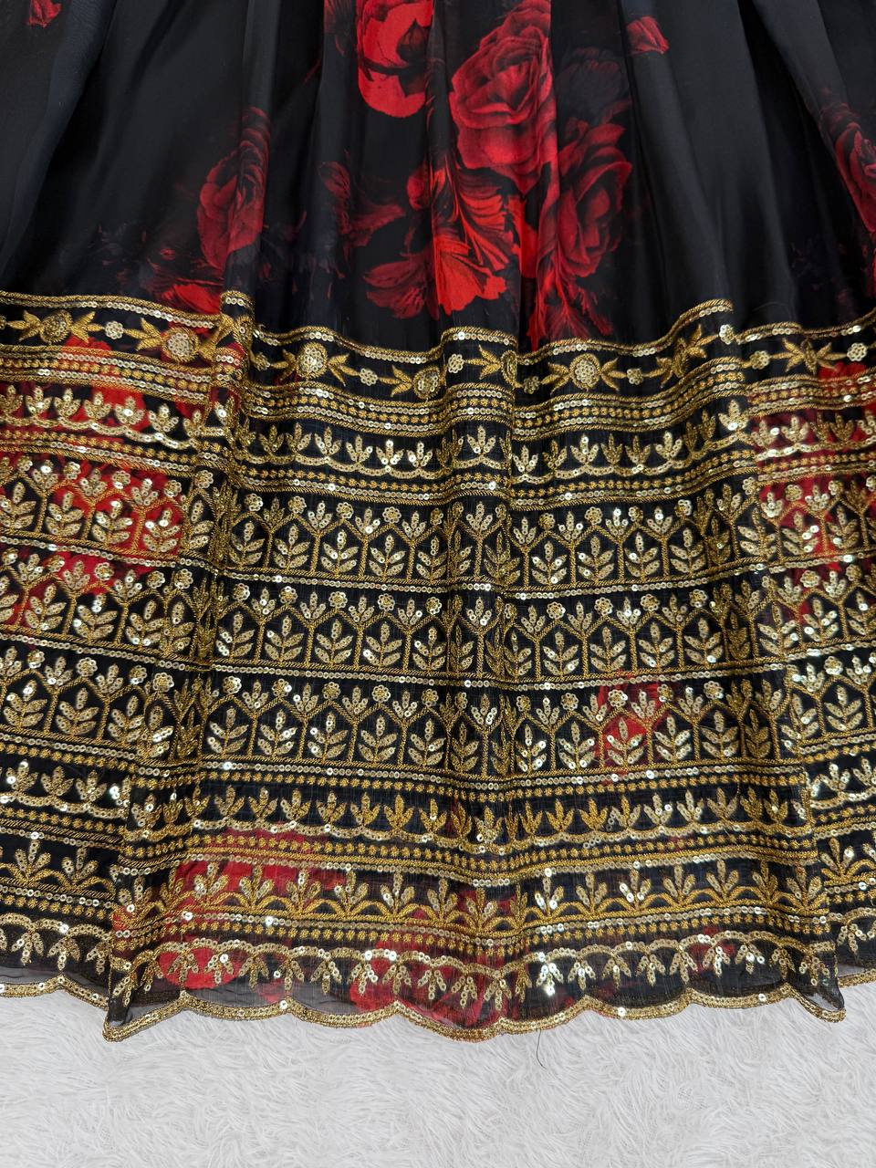 "Elegant Black Floral Lehenga with Golden Embroidery & Dupatta | Krushi Life Style