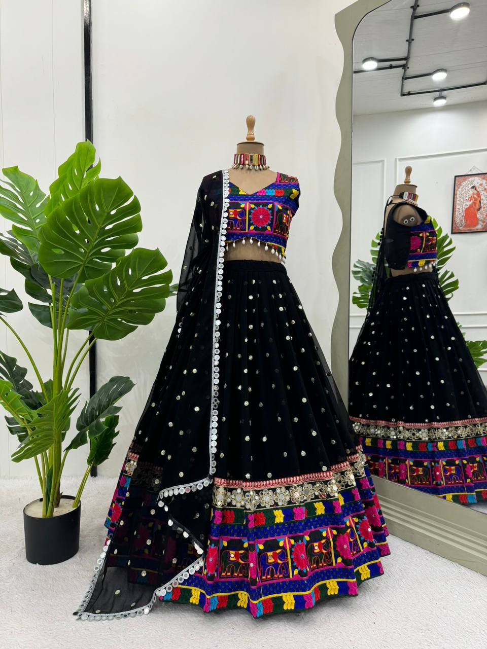 "Royal Mirror Work Navratri Lehenga Set – Black & White Edition | Krushi Life Style "
