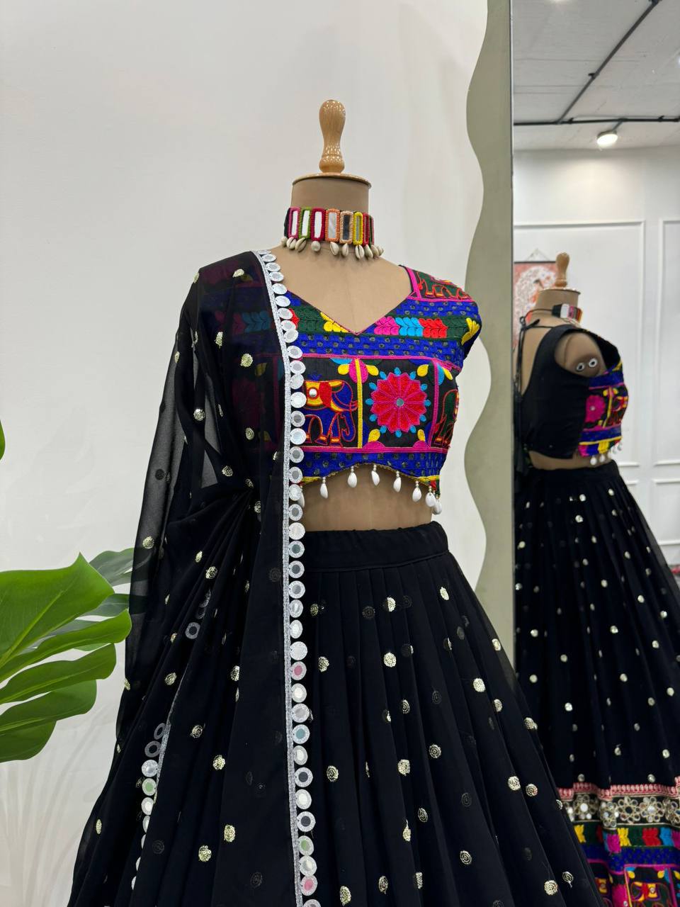 "Royal Mirror Work Navratri Lehenga Set – Black & White Edition | Krushi Life Style "
